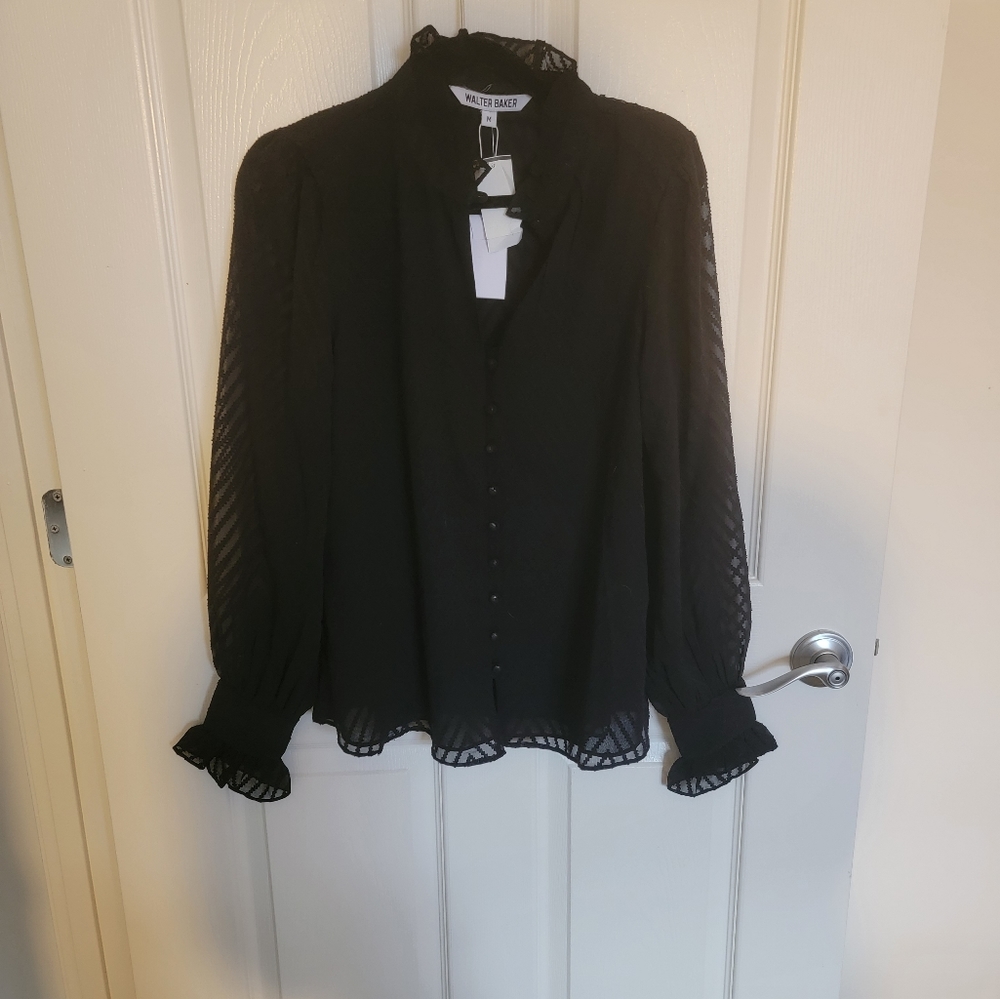 NWT Walter Baker Black MockNeck Button Down Blouse Womens Size M Sheer Shirt Top